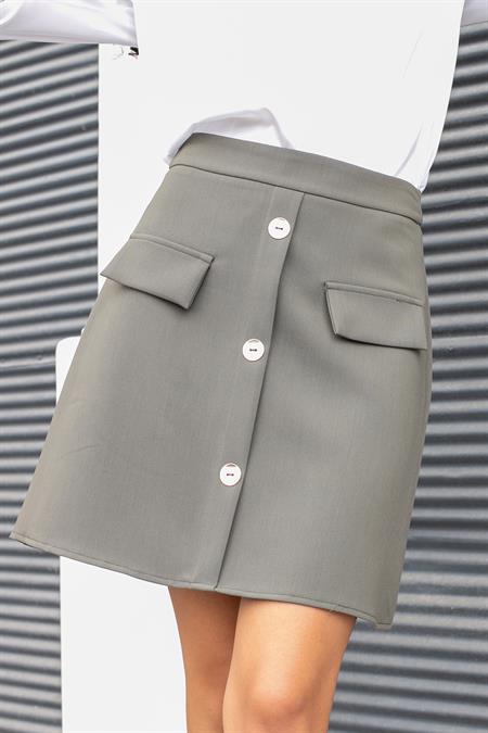 Kadın Diz Üstü Yüksek Bel Önü Düğmeli Cep Kapaklı Hafif Likralı Kumaş Çan Etek-Haki 