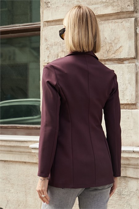 Kadın Düğme Detaylı Uzun Kol Şık Ofis Süs Cep Kapaklı Kumaş Blazer Ceket-Mürdüm