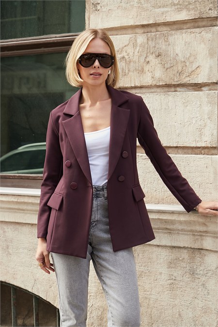 Kadın Düğme Detaylı Uzun Kol Şık Ofis Süs Cep Kapaklı Kumaş Blazer Ceket-Mürdüm