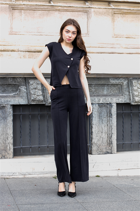 Kadın Esnek Yumuşak Dokulu Kumaş Düşük Omuzlu Anvelop Kruvaze Düğmeli Ceket Bluz-Siyah