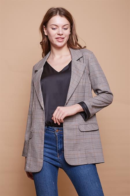 Ekoseli Yakalı Kolu Katlamalı Cep Kapaklı Boyfriend Hafif Likralı Kumaş Blazer Ceket-Hardal Ekose
