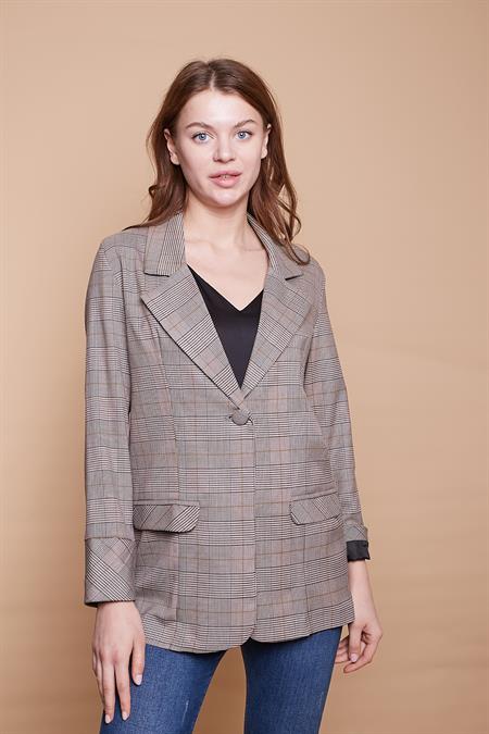 Ekoseli Yakalı Kolu Katlamalı Cep Kapaklı Boyfriend Hafif Likralı Kumaş Blazer Ceket-Hardal Ekose