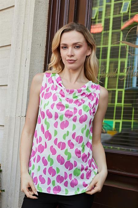 Kadın Likralı Parlak Kumaş Empirme Degaje Yaka Kolsuz Body Bluz-Magenta Puanlı