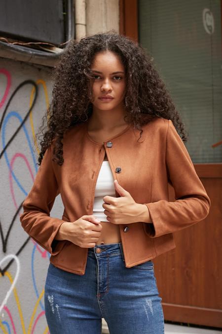 Kadın Esnek Süet Kumaş Sıfır Yaka Flato Cepli Uzun Kol Blazer Ceket-Taba
