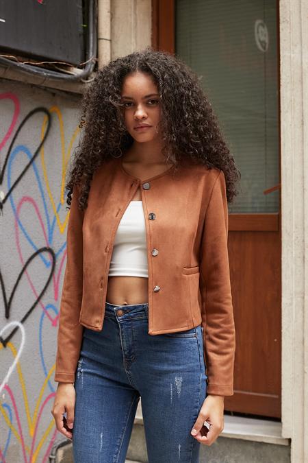 Kadın Esnek Süet Kumaş Sıfır Yaka Flato Cepli Uzun Kol Blazer Ceket-Taba