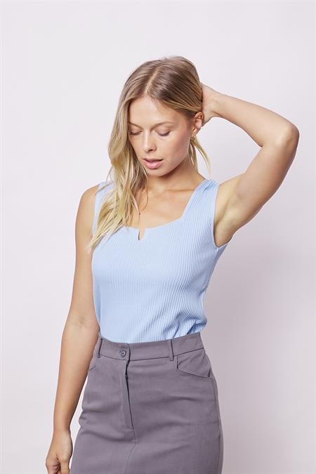 Kadın Likralı Esnek Triko Kare Yaka Kaşkorse Body Bluz-Mavi