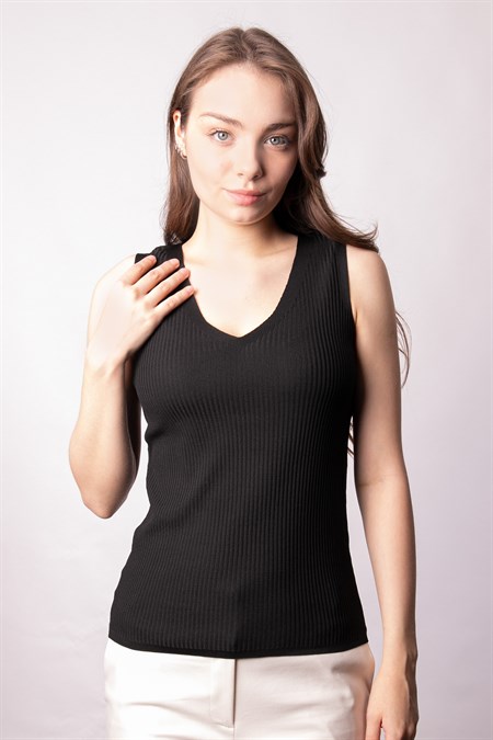 Kadın Likralı Esnek Triko V Yaka Kaşkorse Body Bluz-Siyah