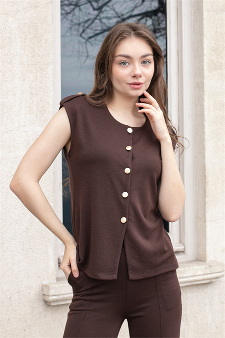 Kadın Esnek İpeksi Kumaş Geniş Sıfır Yaka Düğmeli Düşük Omuzlu Ceket Bluz-Kahve