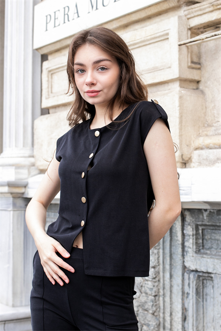 Kadın Esnek İpeksi Kumaş Geniş Sıfır Yaka Düğmeli Düşük Omuzlu Ceket Bluz-Siyah