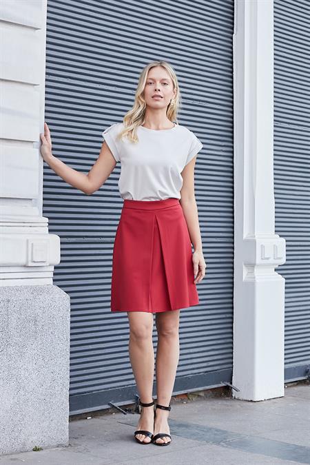 Kadın Kaliteli Likrasız Span Kumaş Geniş Sıfır Yaka Duble Kollu Apoletli Düğmeli T-shirt Bluz-Taş