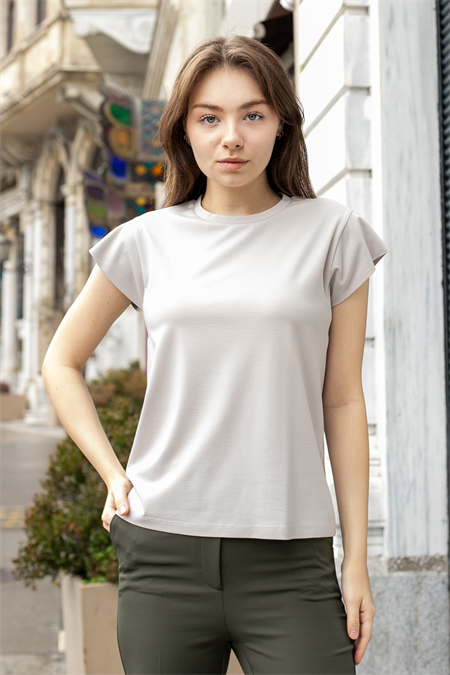 Kadın İpeksi Kumaş Geniş Sıfır Yaka Kısa Kol Tshirt Bluz-Taş