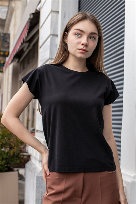 Kadın İpeksi Kumaş Geniş Sıfır Yaka Kısa Kol Tshirt Bluz-Siyah