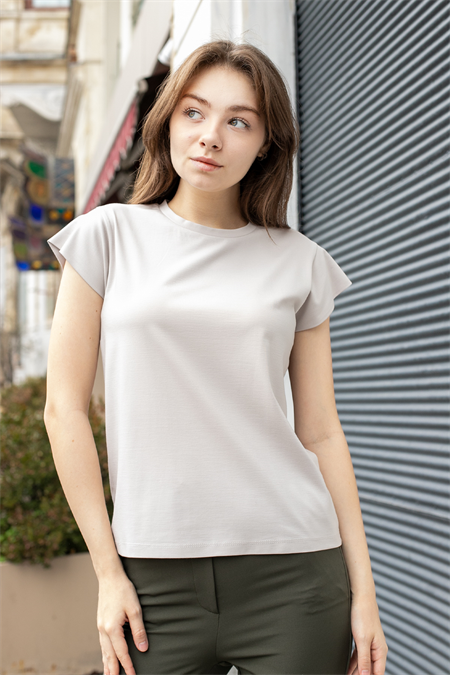 Kadın İpeksi Kumaş Geniş Sıfır Yaka Kısa Kol Tshirt Bluz-Taş