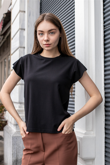 Kadın İpeksi Kumaş Geniş Sıfır Yaka Kısa Kol Tshirt Bluz-Siyah