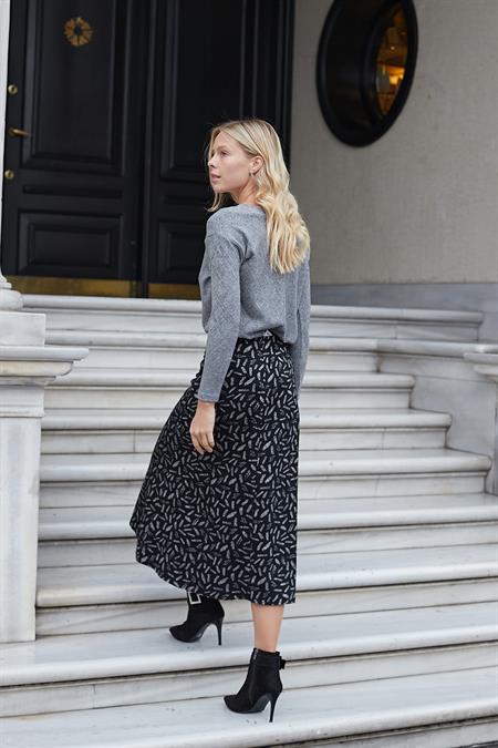 Kadın Hafif Kalın Kumaş Yüksek Bel Midi Boy Dizaltı Çan Etek-Siyah Bej Konfeti