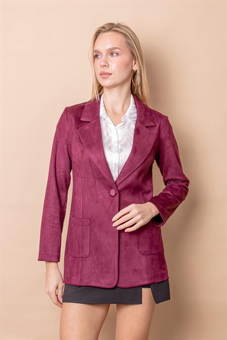 Kadın Hafif Likralı Süet Kumaş Cep Detaylı Düğmeli Blazer Hafif Uzun Ceket-Bordo