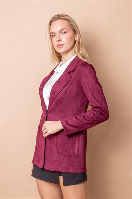 Kadın Hafif Likralı Süet Kumaş Cep Detaylı Düğmeli Blazer Hafif Uzun Ceket-Bordo