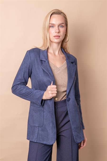 Kadın Hafif Likralı Süet Kumaş Cep Detaylı Düğmeli Blazer Hafif Uzun Ceket-Lacivert 