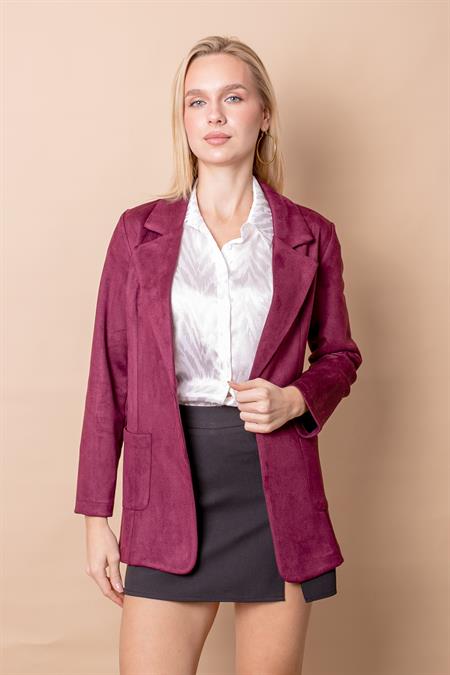 Kadın Hafif Likralı Süet Kumaş Cep Detaylı Düğmeli Blazer Hafif Uzun Ceket-Bordo