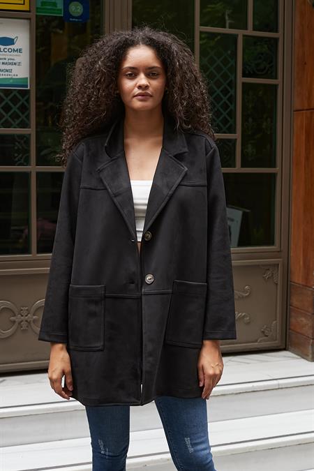 kadın süet yakalı uzun kol cepli spor dikişli kaban