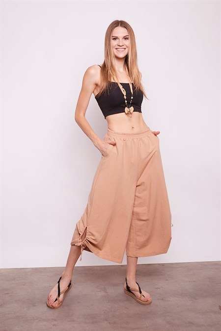 İç Göstermez Viskon Poplin Yüksek Bel Bol Paça Büzgülü Pantolon -Açık Camel