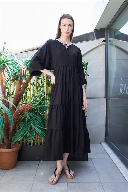 Kadın İç Göstermez Viskon Poplin Kumaş Uzun Kol Eteği Fırfırlı Uzun Elbise-Siyah