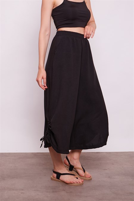 İç Göstermez Viskon Poplin Yüksek Bel Bol Paça Büzgülü Pantolon -Siyah 