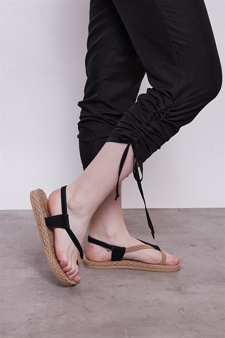 İç Göstermez Viskon Poplin Beli Lastikli Cepli Paçası Büzgülü Rahat Pantolon -Siyah