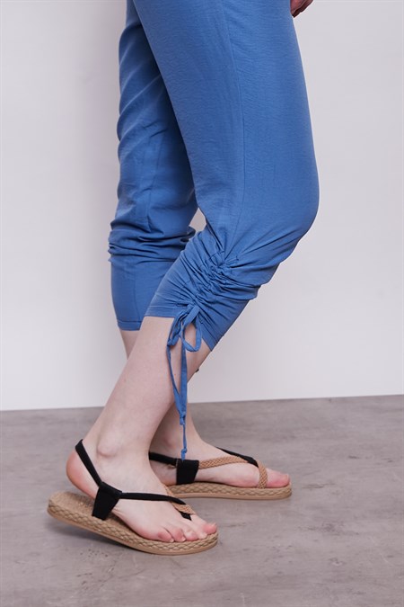 İç Göstermez Viskon Poplin Beli Lastikli Cepli Paçası Büzgülü Rahat Pantolon -İndigo