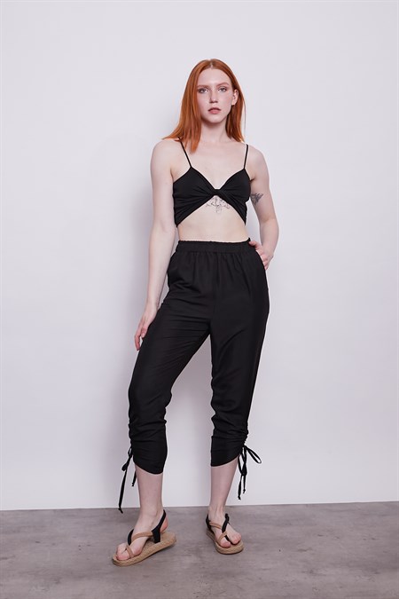 İç Göstermez Viskon Poplin Beli Lastikli Cepli Paçası Büzgülü Rahat Pantolon -Siyah