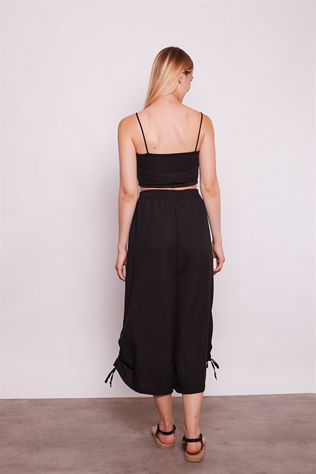 İç Göstermez Viskon Poplin Yüksek Bel Bol Paça Büzgülü Pantolon -Siyah 