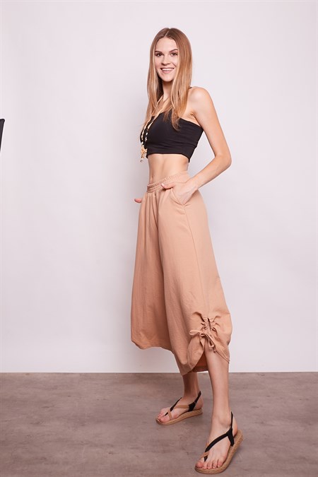 İç Göstermez Viskon Poplin Yüksek Bel Bol Paça Büzgülü Pantolon -Açık Camel