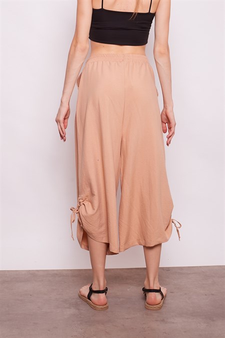 İç Göstermez Viskon Poplin Yüksek Bel Bol Paça Büzgülü Pantolon -Açık Camel