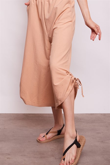 İç Göstermez Viskon Poplin Yüksek Bel Bol Paça Büzgülü Pantolon -Açık Camel