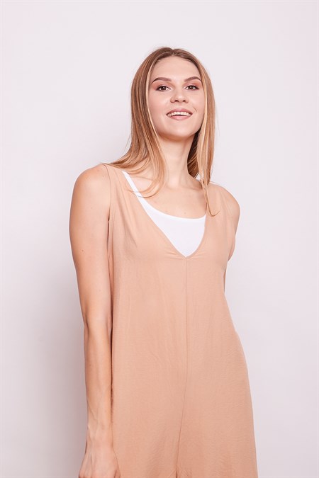 İkili İçi Penyeli Ön Arka V Yaka Bol Paça Tulum -Camel