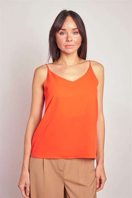  Hafif Parlak Şık Kumaş İp Askılı Ceket İçi V Yaka Bluz-Oranj 