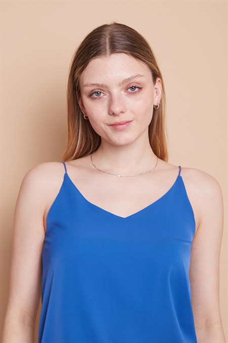 Hafif Parlak Şık Kumaş İp Askılı Ceket İçi V Yaka Bluz-Sax