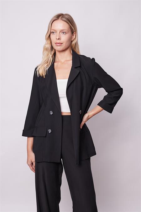 Kadın İpeksi Dokulu Modal Kumaş Yakalı Cep Kapaklı Oversize Salaş Blazer Ceket-Siyah
