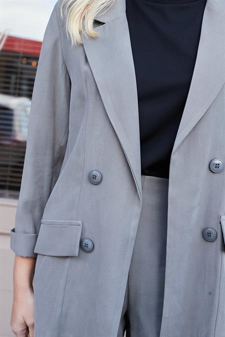 Kadın İpeksi Dokulu Modal Kumaş Yakalı Cep Kapaklı Oversize Salaş Blazer Ceket-Antrasit