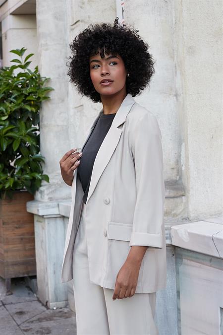 Kadın İpeksi Dokulu Modal Yüksek Bel Yan Cepli Arkası Lastikli Bol Paça Salaş Palazzo Pantolon-Açık Vizon 