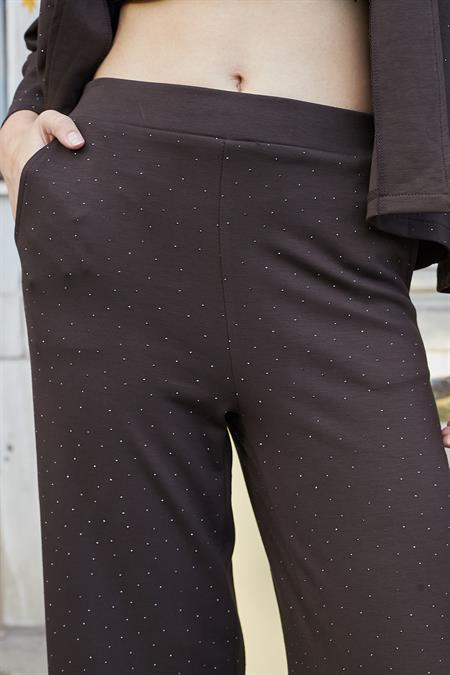 Kadın İpeksi Dokulu Esnek Modal Kumaş Taş Baskılı Beli Lastikli Bol Paça Palazzo Pantolon-Kahve