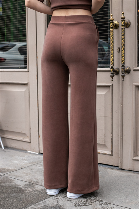Kadın İpeksi Esnek Kalın Modal Kumaş Yüksek Bel Önden Dikişli Cepli Bol Paça Palazzo Pantolon-Kahve