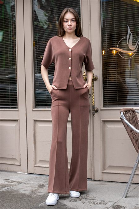 Kadın İpeksi Esnek Kalın Modal Kumaş Yüksek Bel Önden Dikişli Cepli Bol Paça Palazzo Pantolon-Kahve