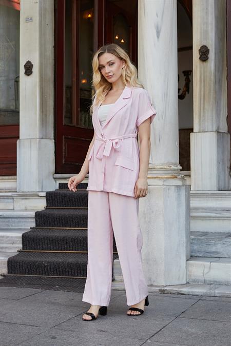 Kadın İpeksi Modal Kumaş Yüksek Bel Beli Lastikli Apoletli Yan Cepli Bol Paça Palazzo Pantolon-Pembe 