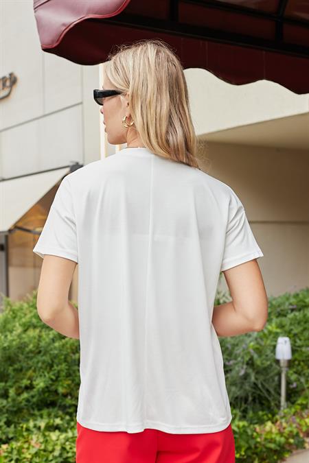 Kadın İpeksi Modal Penye Esnek Kumaş V Yaka Düşük Omuzlu Kısa Kol T-shirt Bluz-Krem 