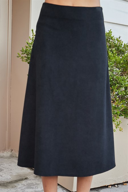 Kadın Esnek Premium Kadife Kumaş Yüksek Bel Uzun Diz Altı Çan Etek-Siyah