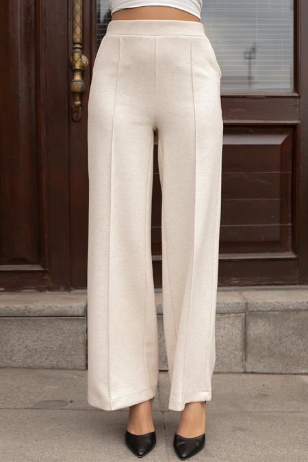 Kadın Kalın Esnek Kumaş Yan Cepli Bol Paça Yüksek Bel Rahat Kesim Palazzo Pantolon-Krem