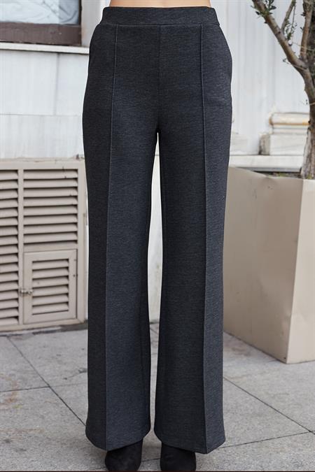Kadın Kalın Esnek Kumaş Yan Cepli Bol Paça Yüksek Bel Rahat Kesim Palazzo Pantolon-Antrasit