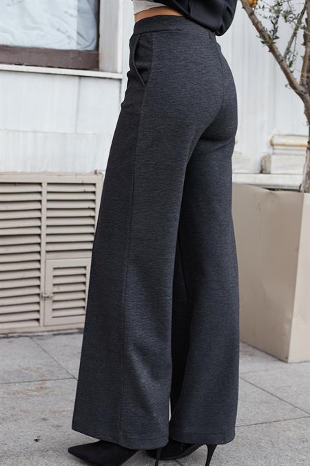Kadın Kalın Esnek Kumaş Yan Cepli Bol Paça Yüksek Bel Rahat Kesim Palazzo Pantolon-Antrasit