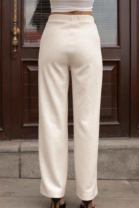 Kadın Kalın Esnek Kumaş Yan Cepli Bol Paça Yüksek Bel Rahat Kesim Palazzo Pantolon-Krem